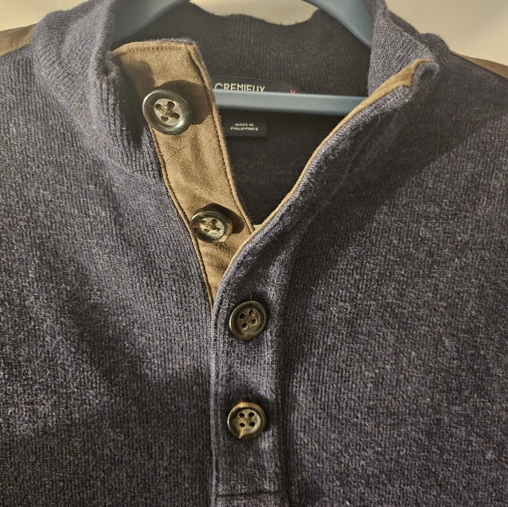 Cremieux Men's Blue 1/4 Button‎ Mock Neck shoulder Patch Pullover Sweater M